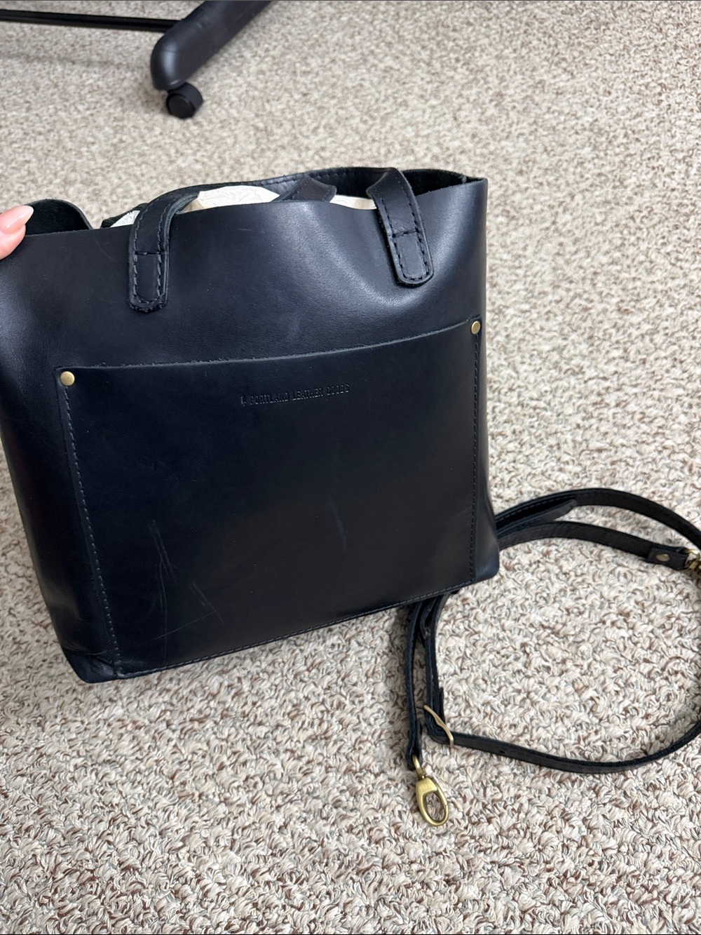 Portland Leather medium Crossbody Black Smooth Leather Tote with Front Pocket